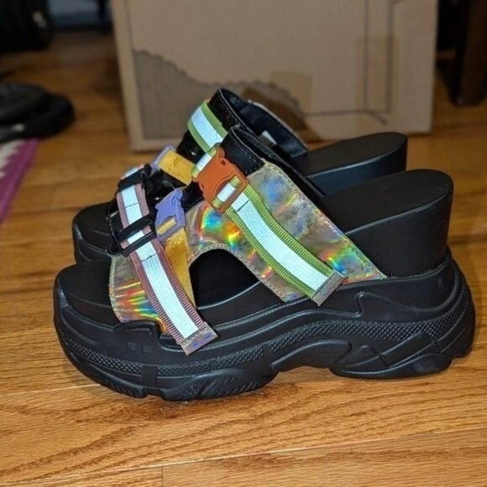 Y2K‎ Cyber Festival Holographic Chunky Platform Sport Sandals Reflective 7